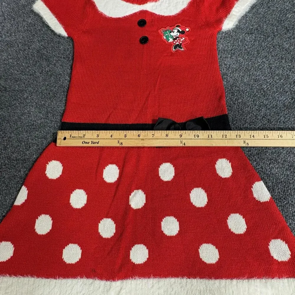 Disney Sweater Dress Girls 6 Red Minnie Mouse Polka Dot Knit Bow Christmas